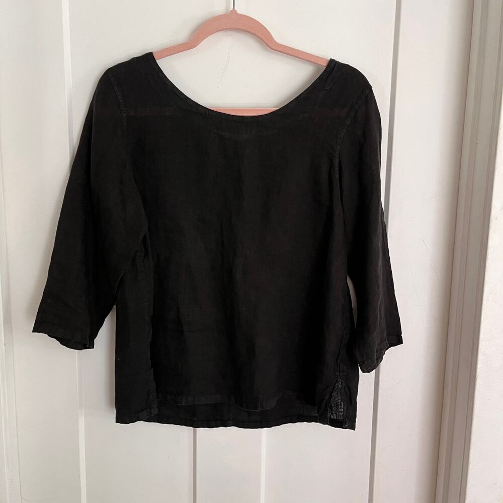 Inizio Italian Linen Black Scoop Neck 3/4 Sleeve Shirt S